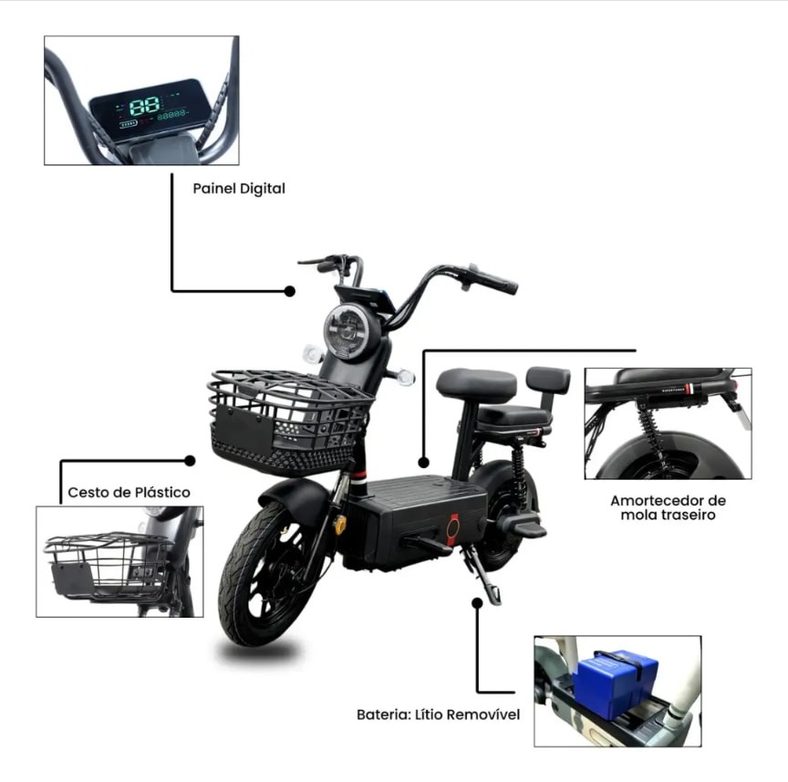 Bike elétrica com painel digital, cesto, amortecedor de mola traseiro e bateria de lítio removível