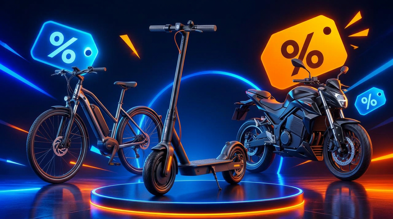 Scooter elétrica, bike elétrica e moto elétrica em promoção com etiquetas de desconto
